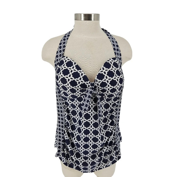 Merona Tankini Top Swimsuit Navy Blue Print Padded Bra Tie Halter - Picture 1 of 8